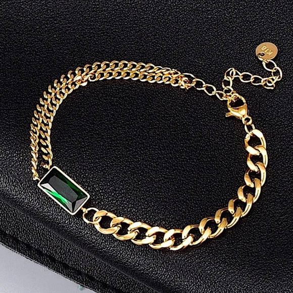 Gold 18K GP Emerald Green Chain Link Bracelet - Picture 4 of 11
